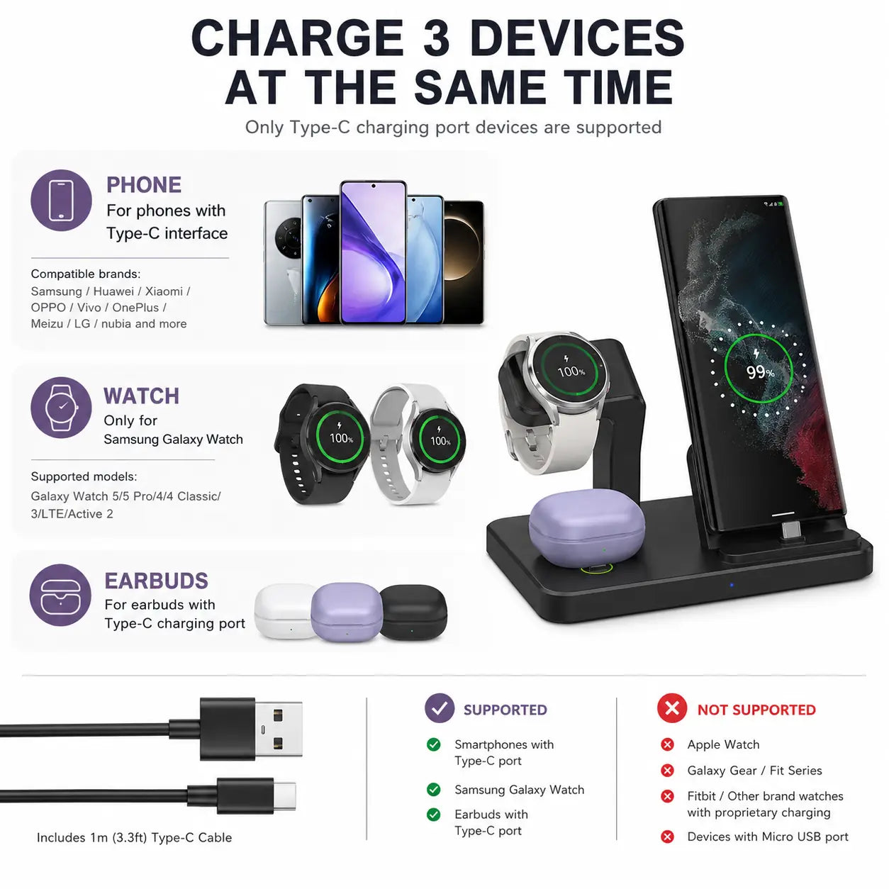 3-in-1 Wireless Charging Station - Samsung, Galaxy Watch & Earbuds