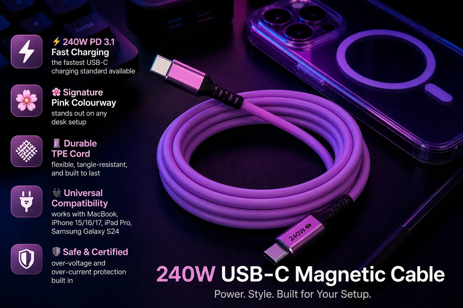 240W USB-C Fast Charging Cable - MacBook & iPhone Compatible