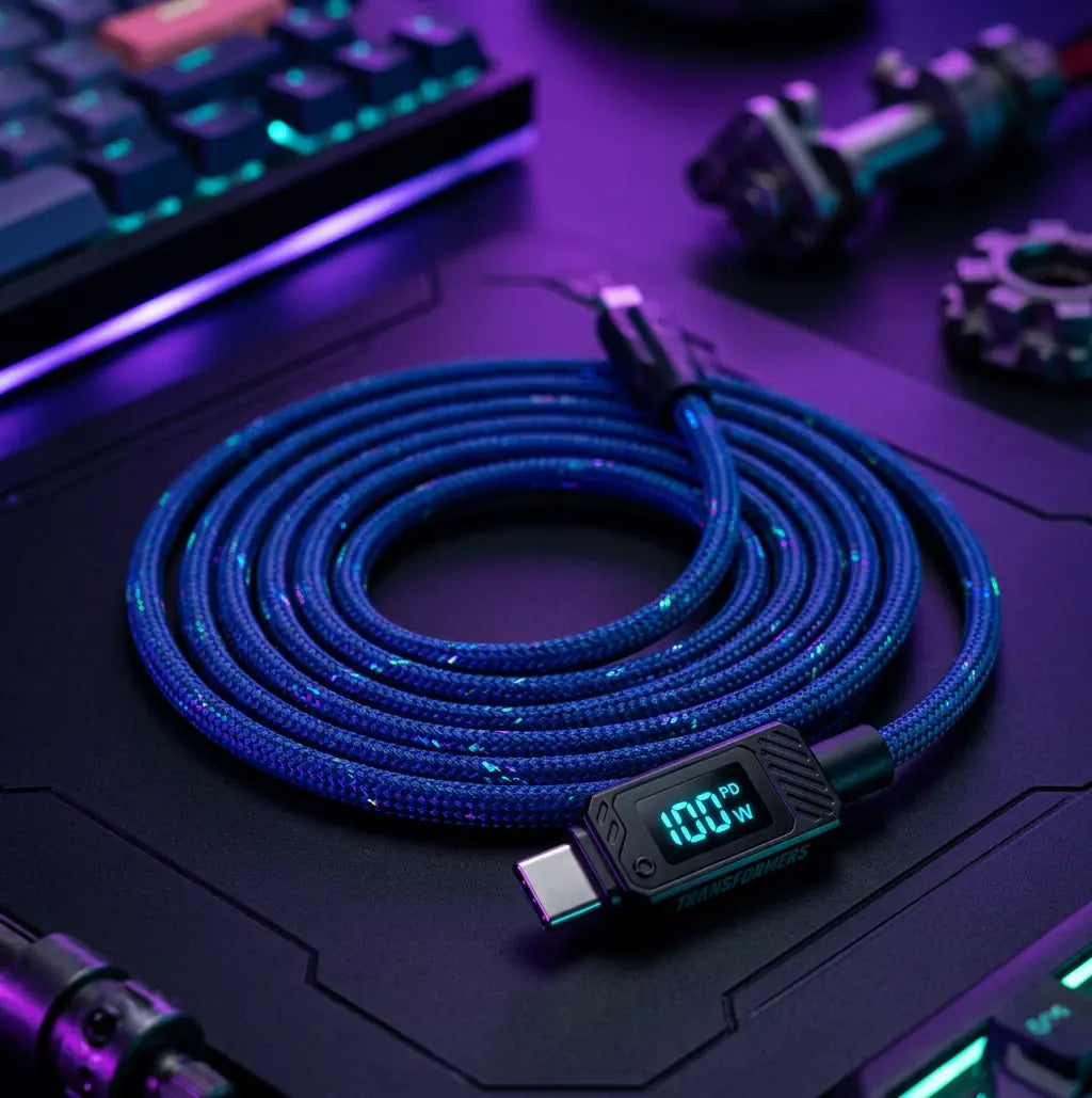 100W USB-C Fast Charging Cable - LED Power Display, Nylon Braided