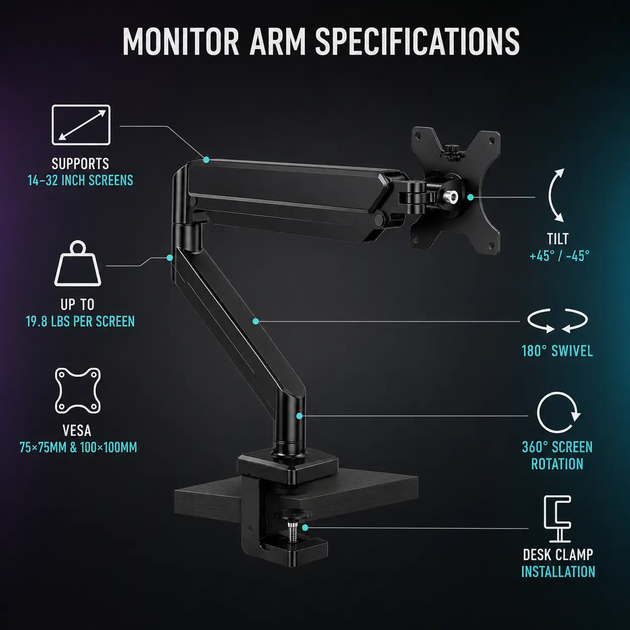 Adjustable Single Monitor Arm – 14–32"